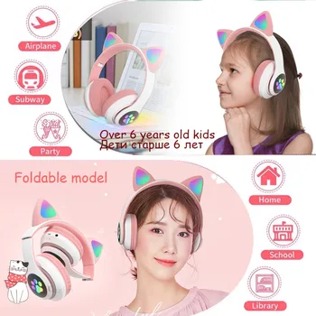 Vaku Aranyos Macska Fejhallgató Vezeték nélküli Mikrofon Canclose LED Gyerekek Lány STN28 Sztereó 5.0 Telefon Zene Bluetooth Headset Játékos