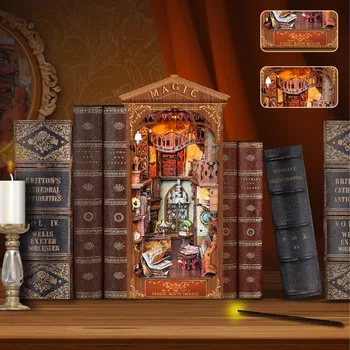 DIY Fából készült Könyv Nook Bookend Miniatűr Mágikus Könyvesbolt Kézzel készített Mese Város Erdei Ház Babaház Játék, Lány, Fiú, Ajándék