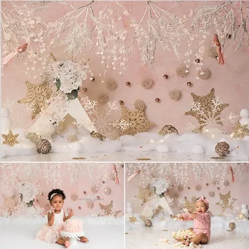 Mocsicka Baba Újszülött Karácsonyi Fotózás Hátteret, Rózsaszín Fal Téli Hópehely Lány Fotózás Háttér Szülinapi Dekoráció