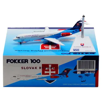 Fröccsöntött 1:200 Léptékű Fokker 100 OM-BYB SZLOVÁK Légitársaság Repülőgép Játék Repülőgép Alufelni Gép a futómű Modell Gyűjtemény