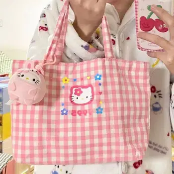 Sanrio Hello Kitty Ebéd Bag Kawaii Magas Érték Rácsos Behajtható Nagy kapacitású Bevásárló Táskák Öko Anime Utazási Váll táska