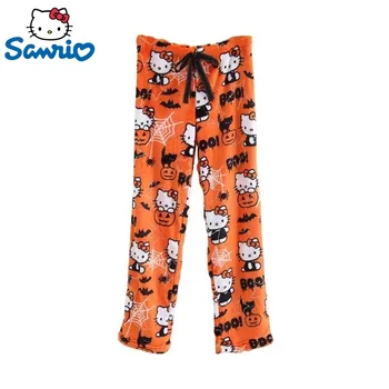 Új Y2K Sanrio Hello Kitty Pizsama Nadrág Női Őszi Téli Meleg Flanel Hálóruházat Trendi Kawaii Halloween Haza Ruha