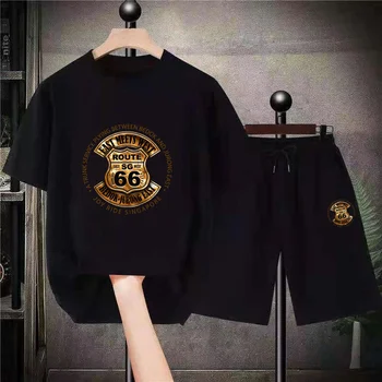 USA-ban a 66-os úton Grafikus Nyári Streetwears Vintage Rövid Szett Pamut Férfi Túlméretezett Melegítő Alkalmi Tshirts Nadrág Márka Ruhák
