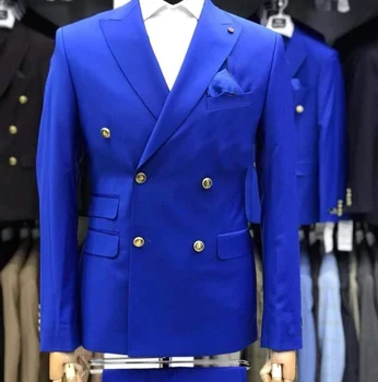 JELTONEWIN Új Design Royal Kék Férfi Öltönyök, Esküvői Bál Terno Masculino Slim Fit Vőlegény Szmoking Dupla Soros Blézer 2 Db
