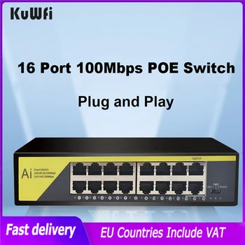 Kuwfi 16 Port POE Switch 100Mbps 48V Ethernet Hálózati Kapcsoló PoE Switch, Injektor IP kamera/Vezeték nélküli AP/CCTV