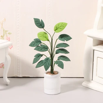 1db Mini Fehér Pot Cserepes Növény Modell 1:12 Babaház Mini Szimuláció Zöld Növény Babaház Kerti Dekoráció