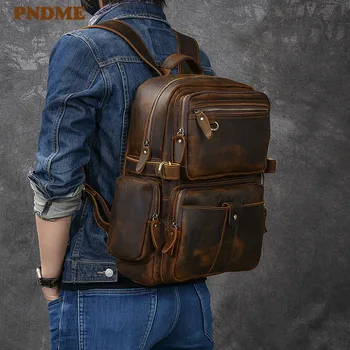PNDME divat klasszikus crazy horse marhabőr férfi szabadtéri utazási hátizsák luxus valódi bőr nagy kapacitású laptop bagpack
