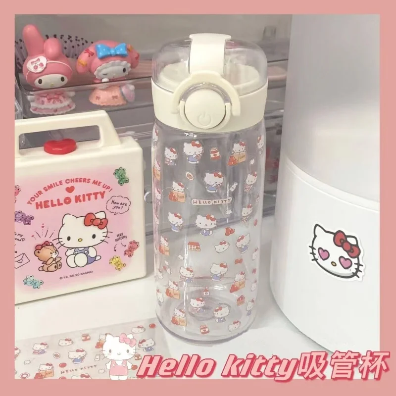 Sanrio Anime Hello Kitty Szalma Műanyag Csésze Víz Aranyos Rajzfilm Coolommy Dallam 450ML Nagy Kapacitású Hordozható Kupa Ünnep, Ajándék